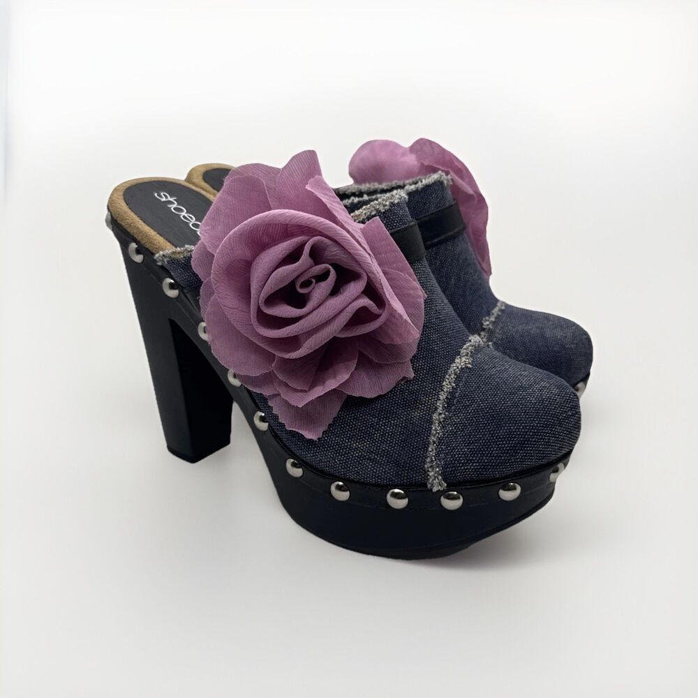 ShoeDazzle Women’s Denim Mule Clogs Pink Flower Platform Heels Studded Size 7 - Picture 4 of 11